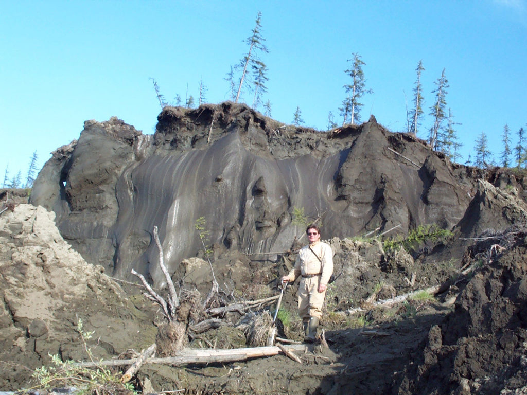 Vladimir Romanovsky in front of huge ice wedges in permafrost on an arctic riverbank.