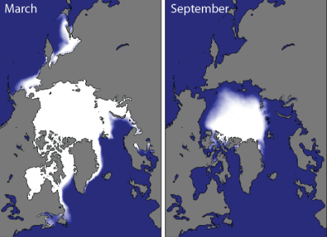 Example visuals of Arctic sea ice maximum and Arctic sea ice minimum / Courtesy NSIDC