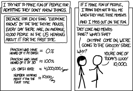 Saying 'what kind of an idiot doesn't know about the Yellowstone supervolcano' is so much more boring than telling someone about the Yellowstone supervolcano for the first time. / Comic by Randall Munroe of xkcd.com