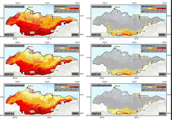 Simulations of potential future average ground temperature for Alaska North Slope permafrost, created by the Geophysical Institute Permafrost Laboratory. Colorful hues indicate thawing temperatures. Left scenario assumes greenhouse gas emissions level off by mid-century (2010s, 2050s and 2090s) while right scenario assumes emissions are not mitigated (2010s, 2050s and 2090s).